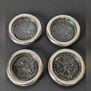 Vintage Glass & Silver Plate Drink Coasters Set of 4